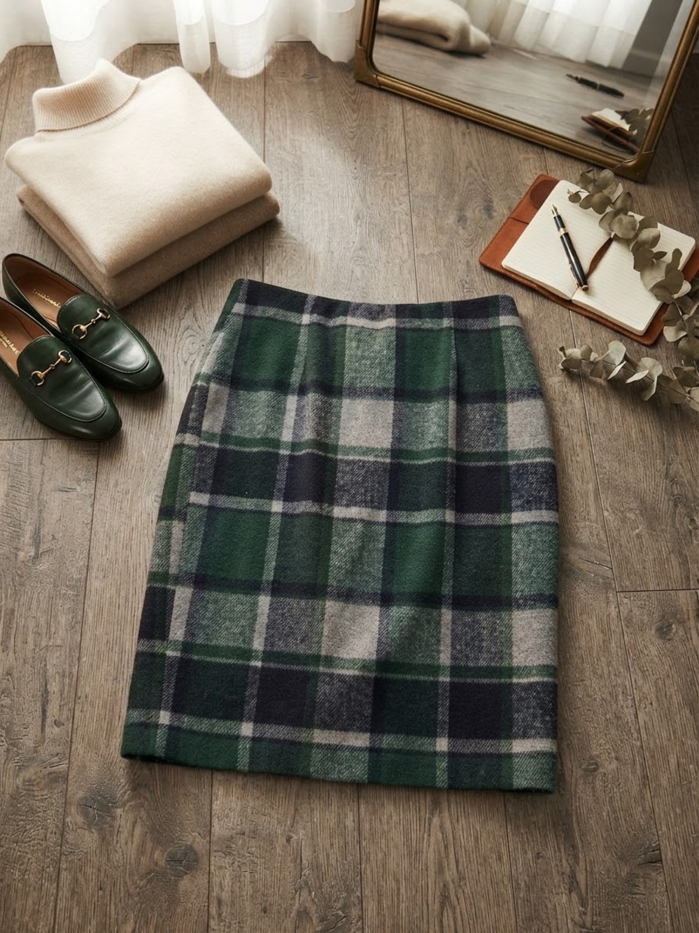 Classic Green Plaid Wool Pencil Skirt - Brand Unspecified